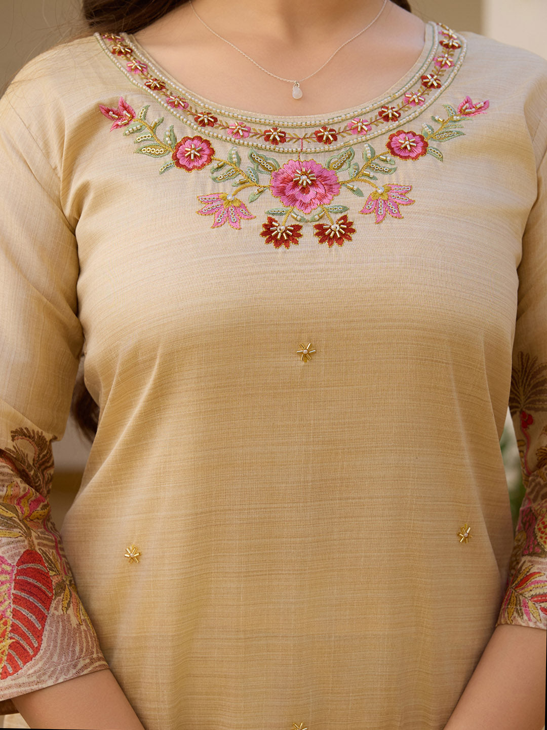 Embroidered Cotton Blend Kurta With Pants & Dupatta