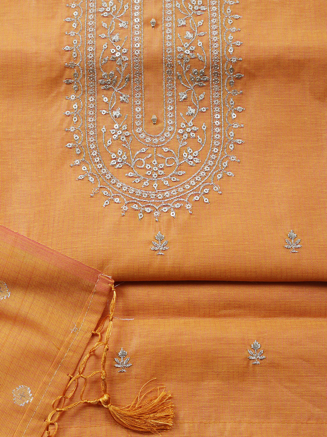 Embroidered Chanderi Unstitched Suit With Pant &amp; Dupatta