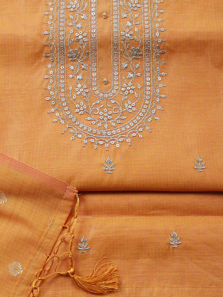 Embroidered Chanderi Unstitched Suit With Pant &amp; Dupatta