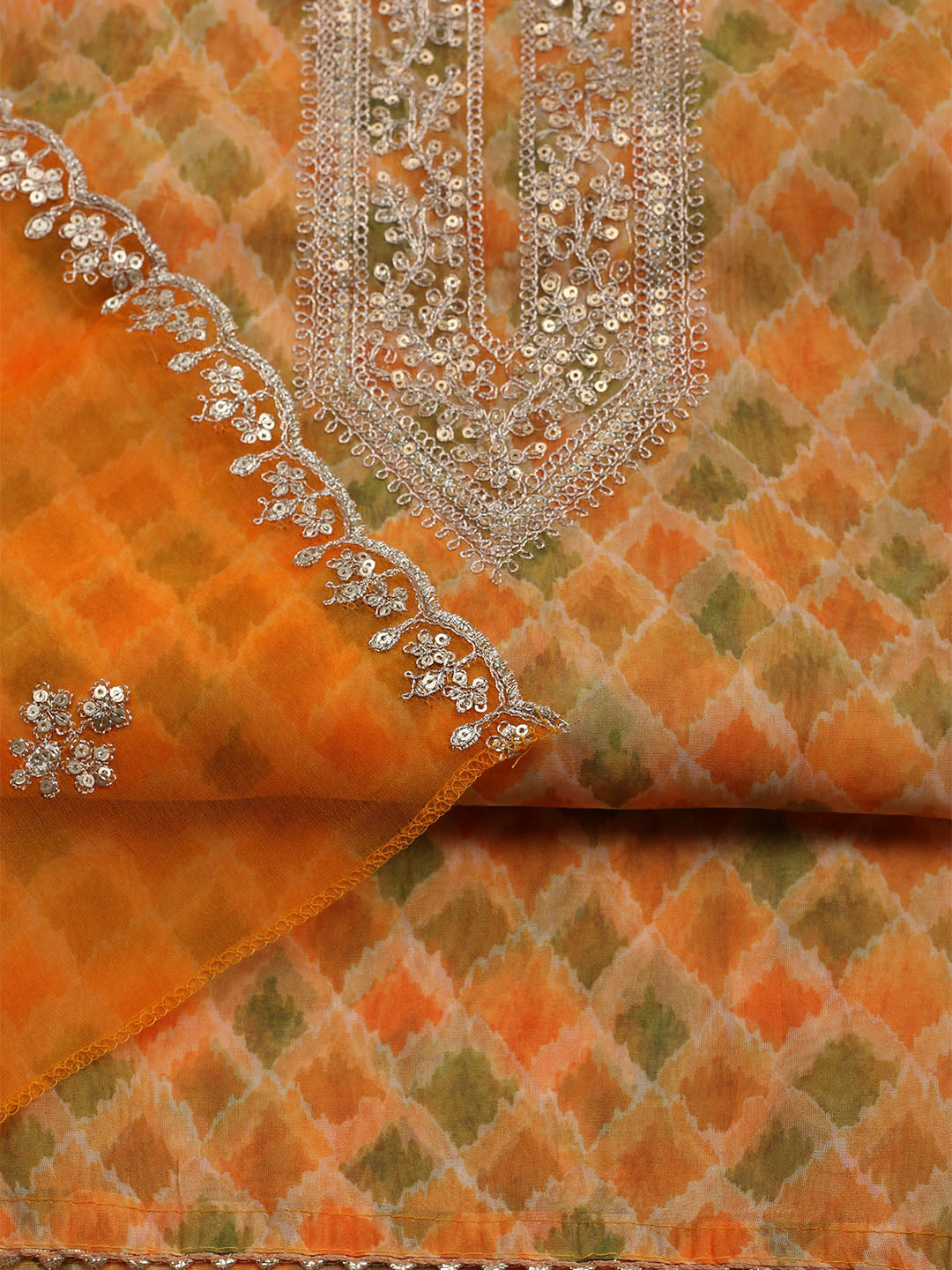 Neck Embroidered &amp; Printed Organza Unstitched Suit With Dupatta