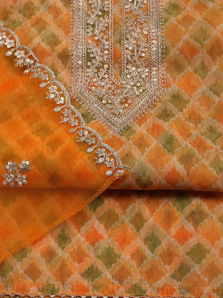 Neck Embroidered &amp; Printed Organza Unstitched Suit With Dupatta
