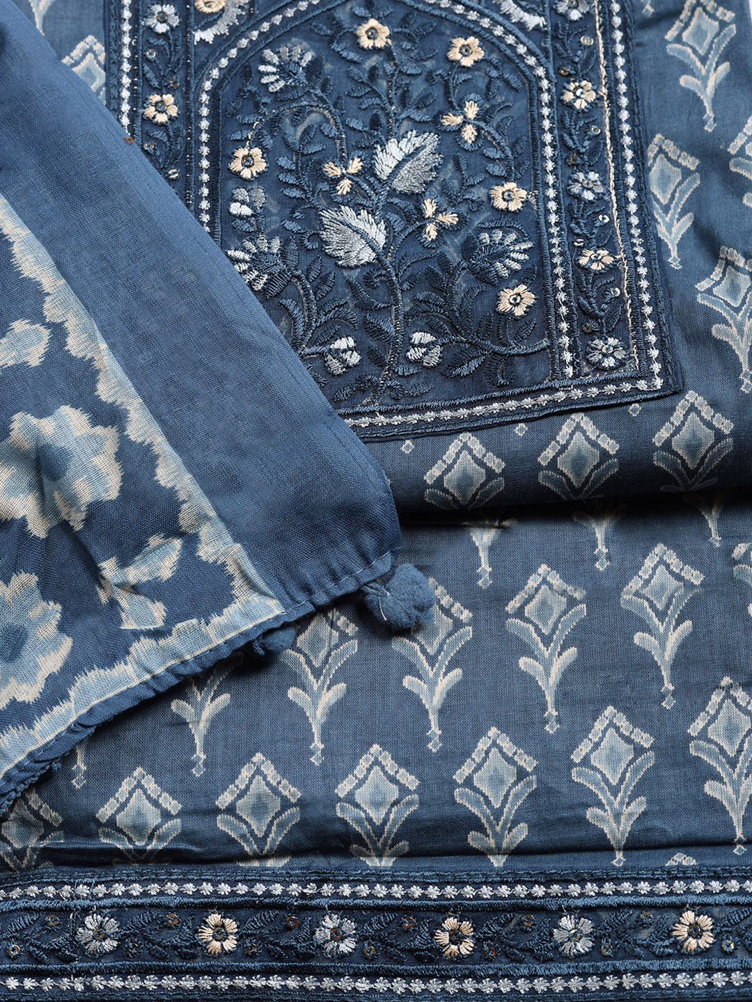 Printed Cotton Blend Unstitched Suit With Pant &amp; Dupatta