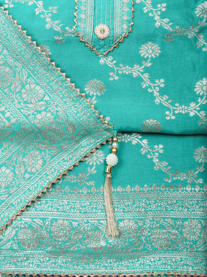 Embroidered Chanderi Unstitched Suit With Pant &amp; Dupatta
