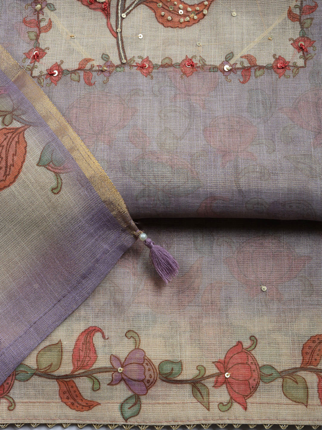 Printed Linen Blend Unstitched Suit With Pant &amp; Dupatta