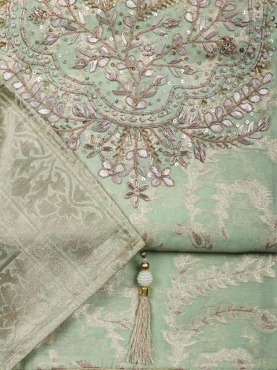 Embroidered Chanderi Unstitched Suit With Pant &amp; Dupatta