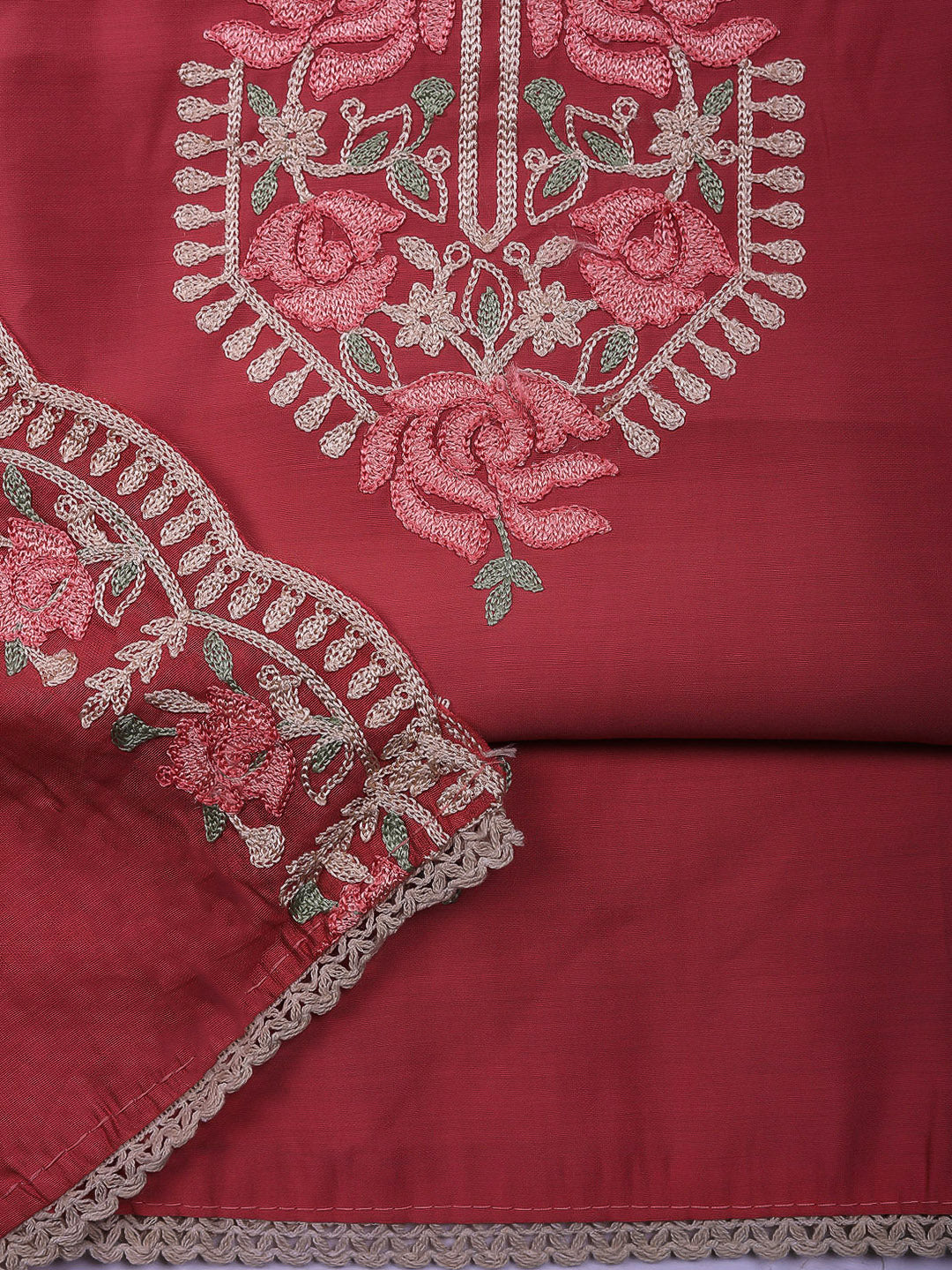 Embroidered Chanderi Unstitched Suit With Pant &amp; Dupatta