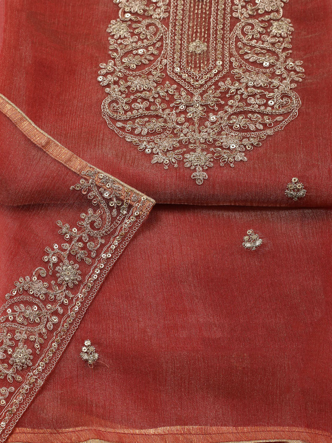 Embroidered Tissue Unstitched Suit With Pant &amp; Dupatta