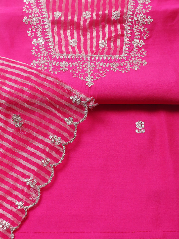 Embroidered Chanderi Unstitched Suit With Pant &amp; Dupatta