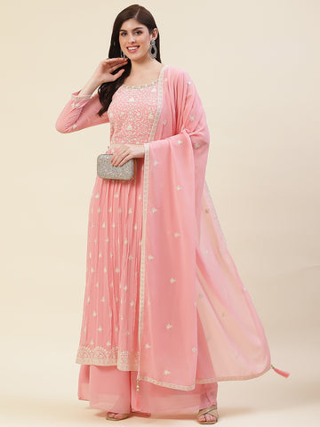 Resham Embroidered Booti Georgette Kurta With Palazzo & Dupatta