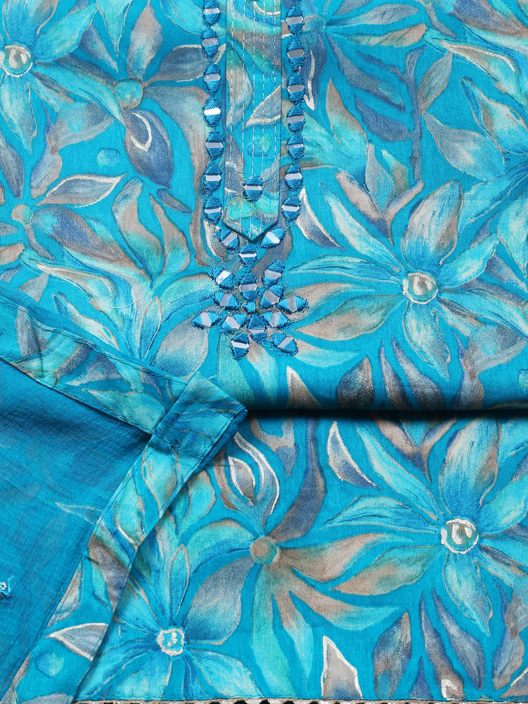 Embroidered Cotton Blend Unstitched Suit With Pant &amp; Dupatta