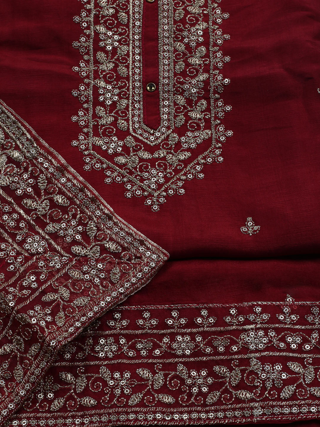 Neck Embroidered Chanderi Unstitched Suit With Dupatta