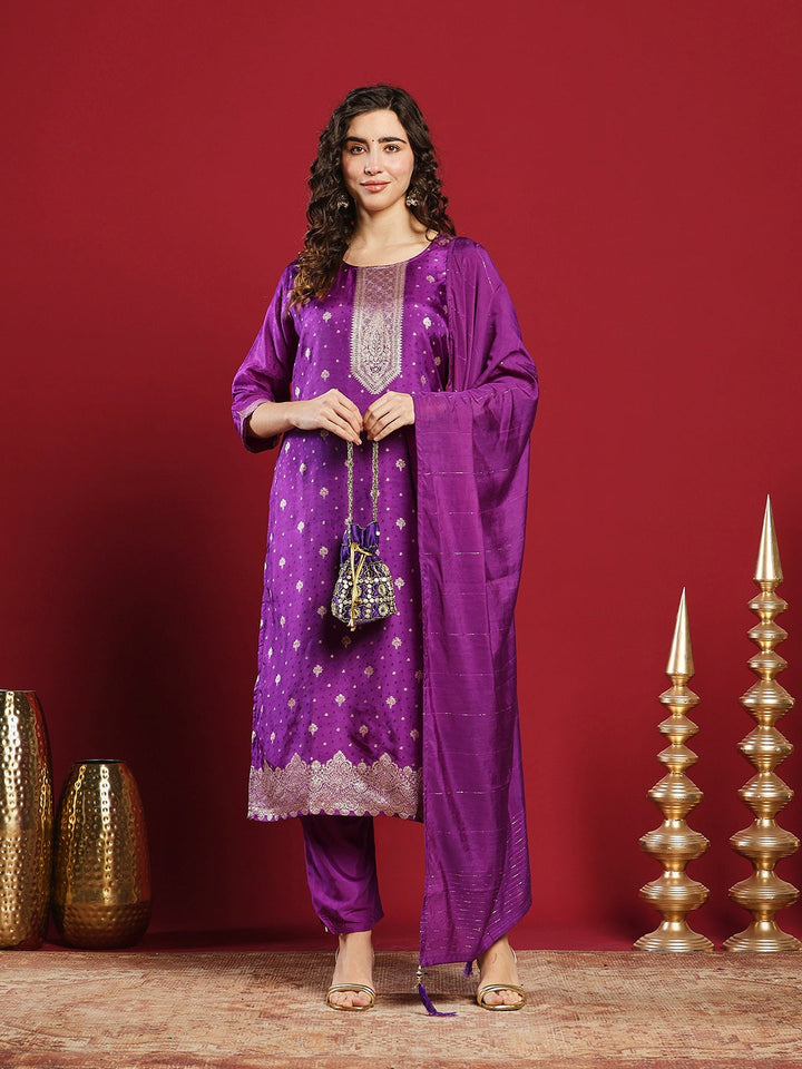 Embroidered Cotton Kurta With Pant &amp; Dupatta