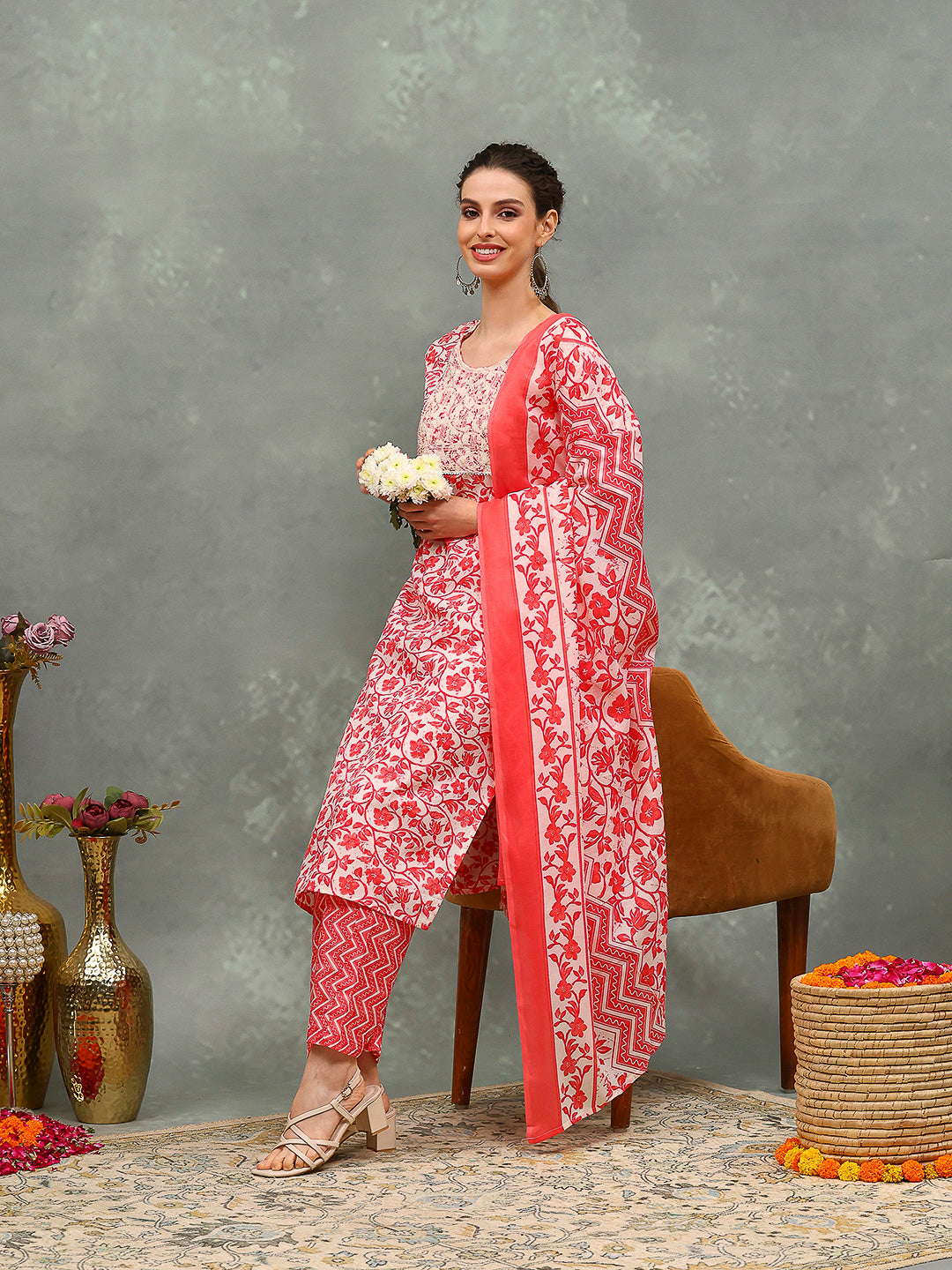 Printed Cotton Blend Kurta With Pants & Dupatta