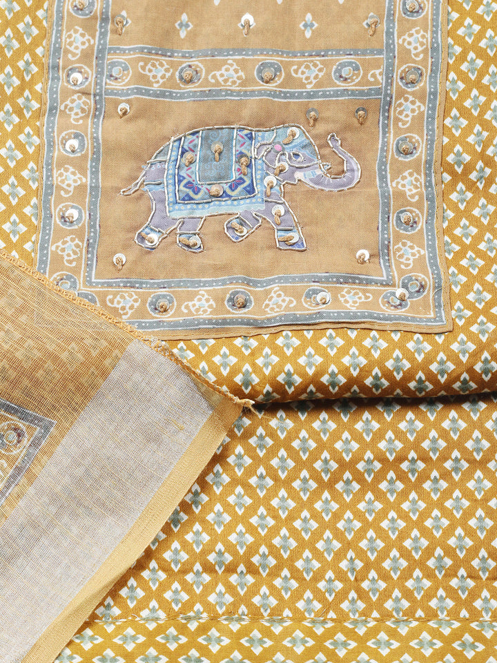 Printed Cotton Blend Unstitched Suit With Pant &amp; Dupatta