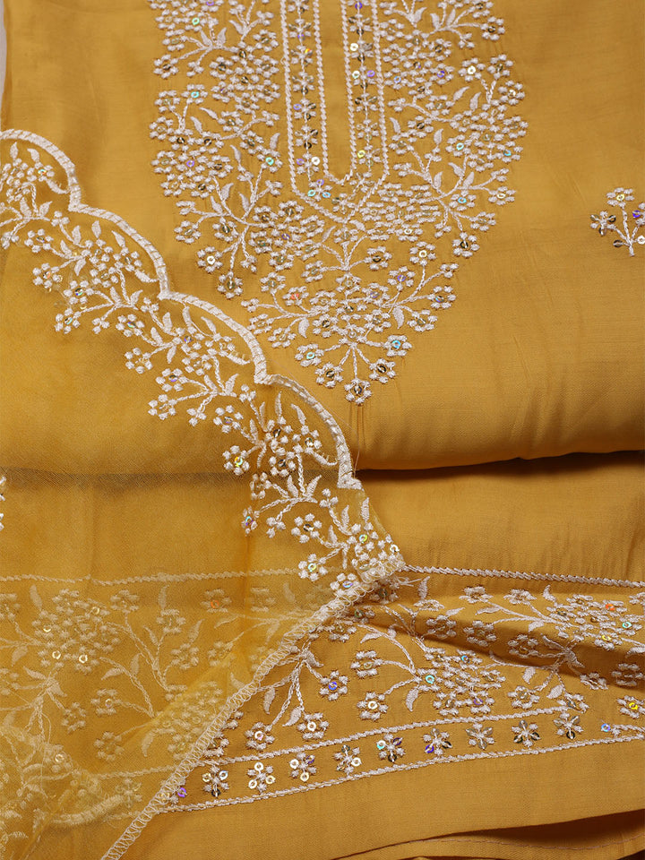 Embroidered Chanderi Unstitched Suit With Dupatta