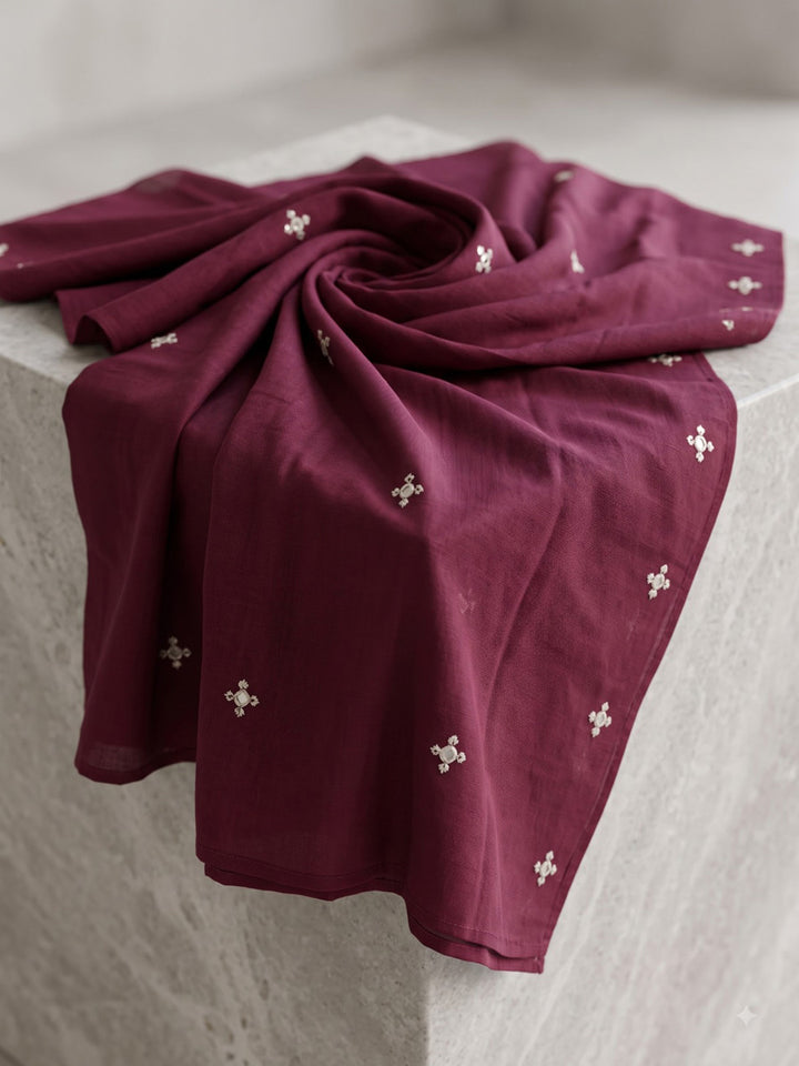Wine Printed Cotton Blend Kurta With Pant &amp; Dupatta