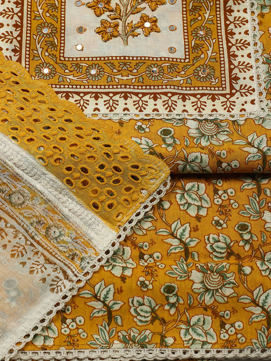 Printed Cotton Blend Unstitched Suit With Pant &amp; Dupatta