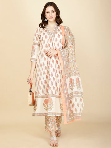 Floral Block Printed Cotton Kurta With Pants & Dupatta