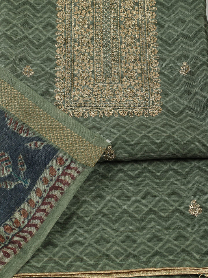 Embroidered Chanderi Unstitched Suit With Pant &amp; Dupatta