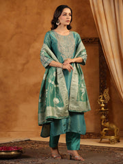 Neck Zari Embroidery Tissue Kurta With Pants & Dupatta