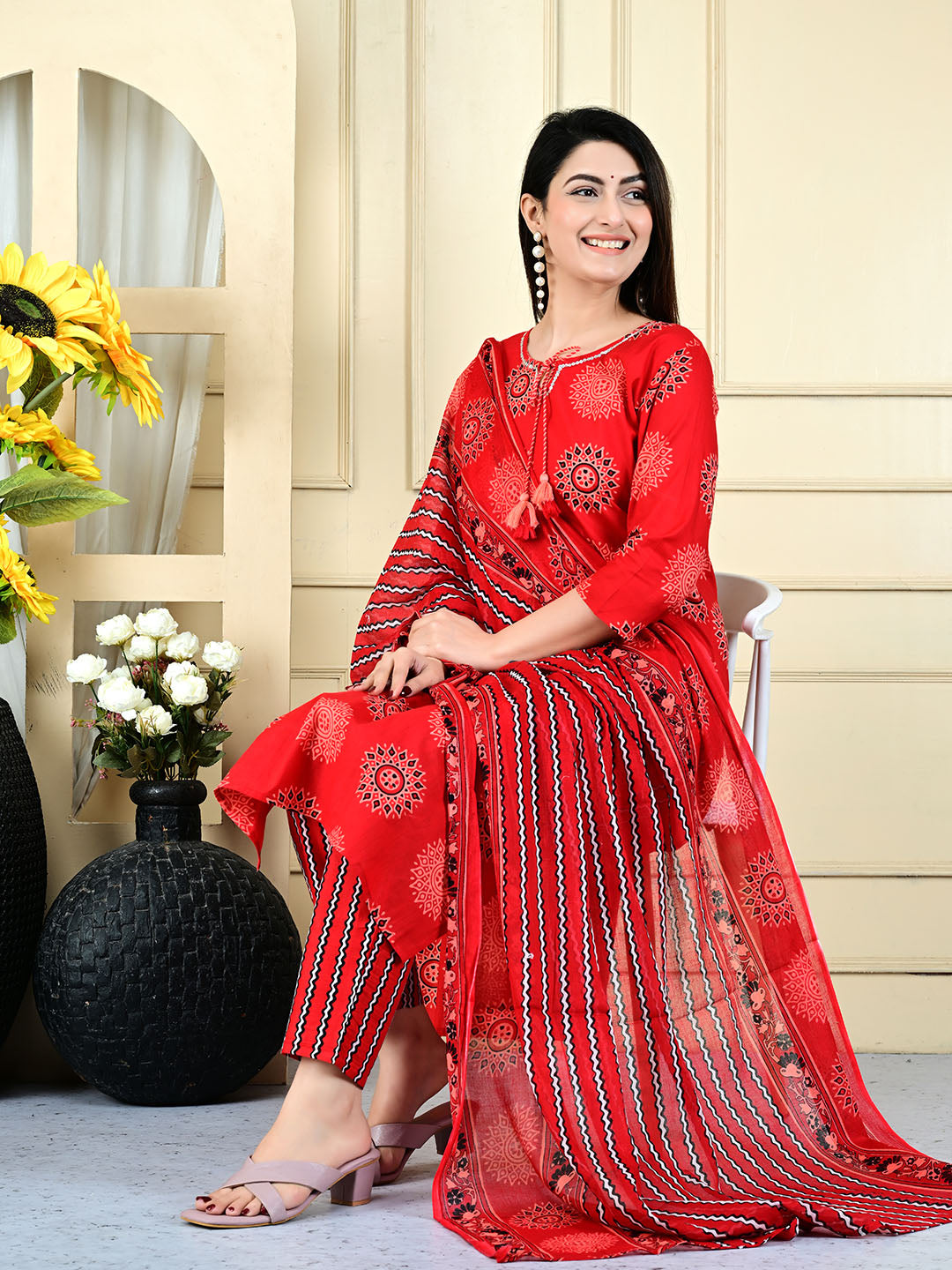 Printed Cotton Blend Kurta With Pants &amp; Dupatta