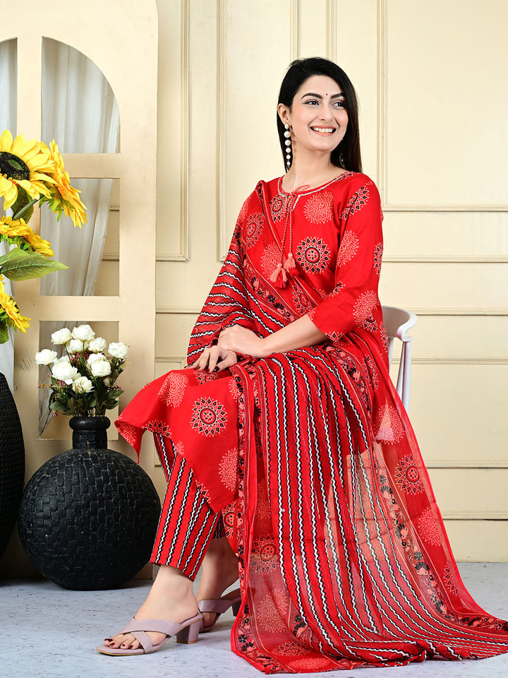 Printed Cotton Blend Kurta With Pants &amp; Dupatta