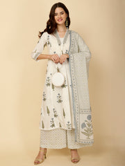 Block Printed Cotton Kurta With Palazzo & Dupatta