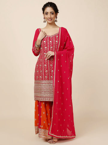 Zari Jaal Embroidery Georgette Kurta With Sharara & Dupatta