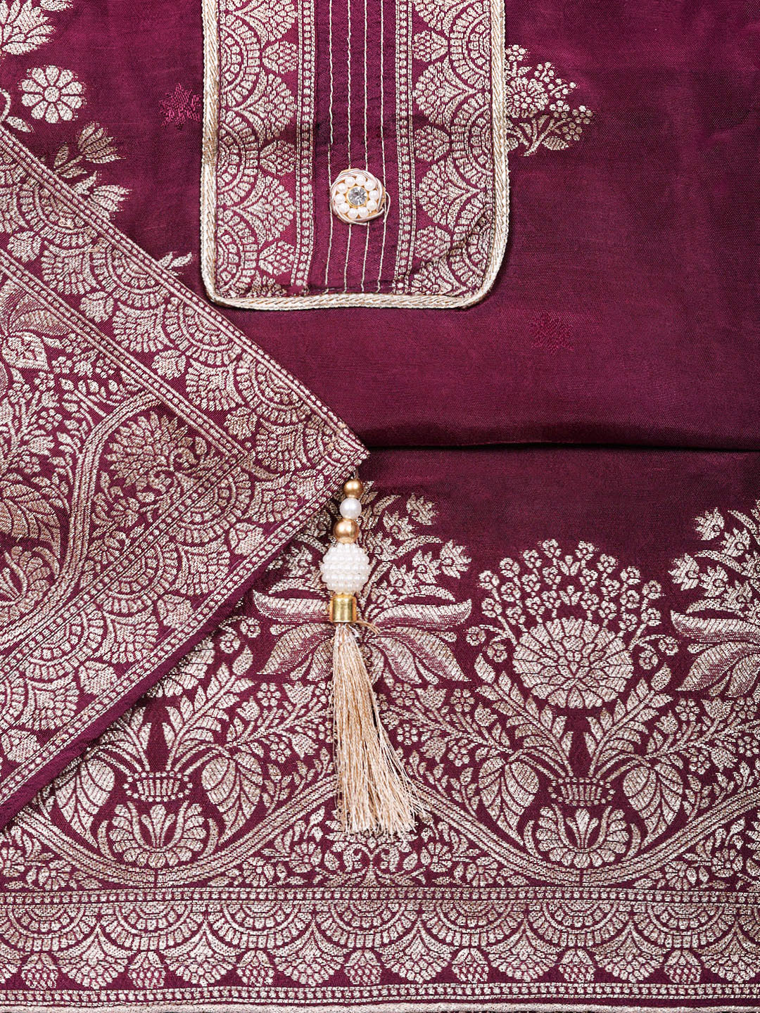 Embroidered Chanderi Unstitched Suit With Pant &amp; Dupatta
