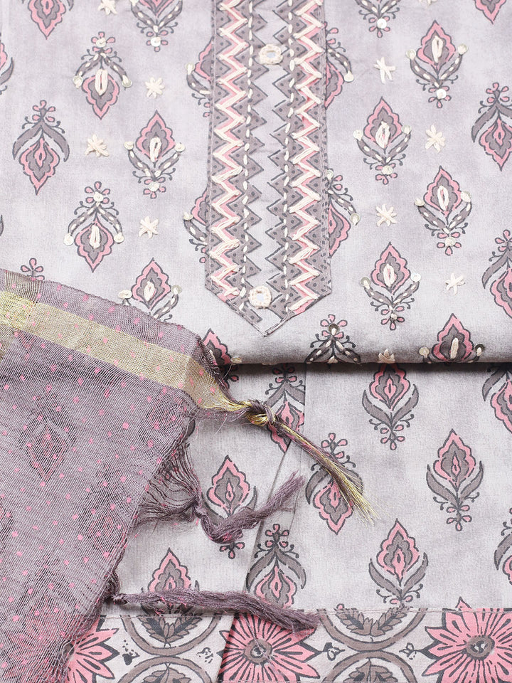 Printed Cotton Blend Unstitched Suit With Pant &amp; Dupatta
