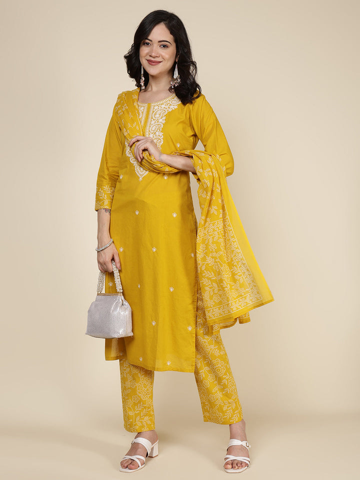 Embroidered Cotton Blend Kurta With Pants &amp; Dupatta