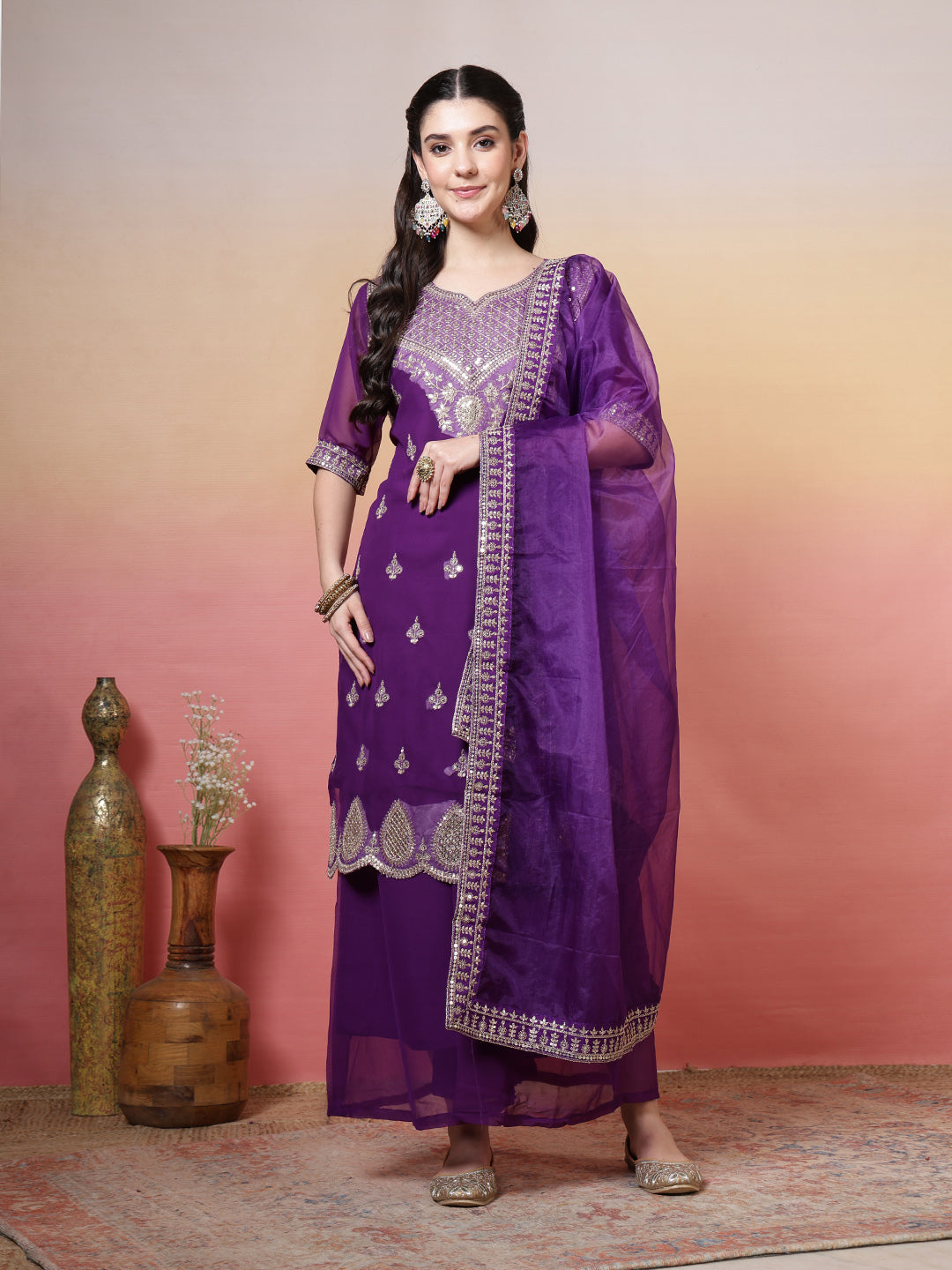 Embroidered Georgette Kurta With Sharara &amp; Dupatta