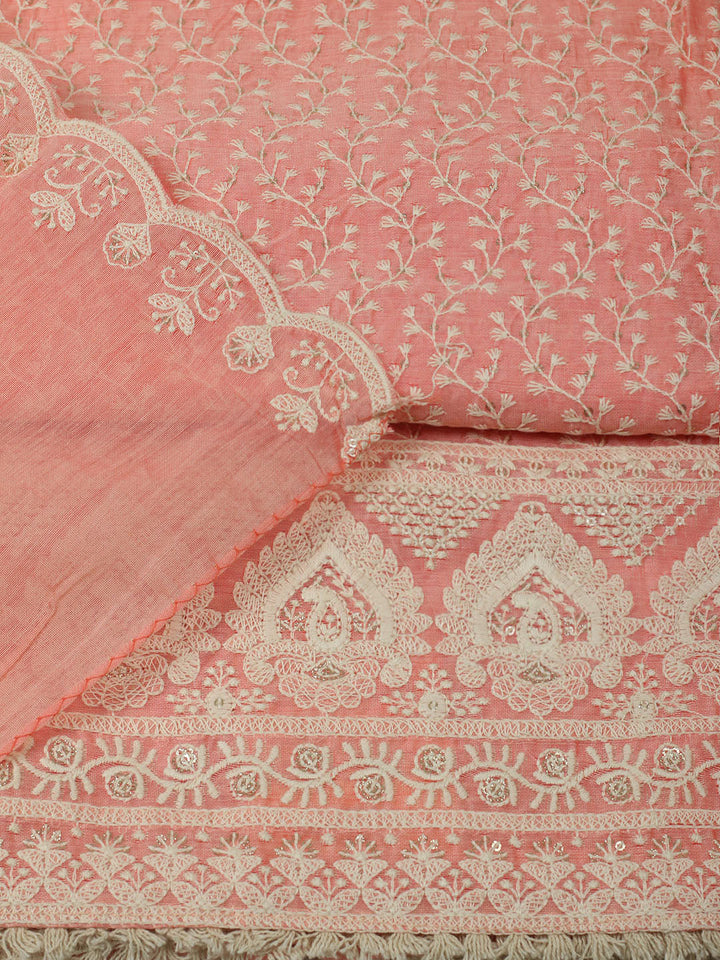 Embroidered Chanderi Unstitched Suit With Pant &amp; Dupatta
