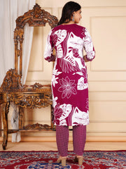 Floral Printed Cotton Blend Kurta With Pants & Dupatta