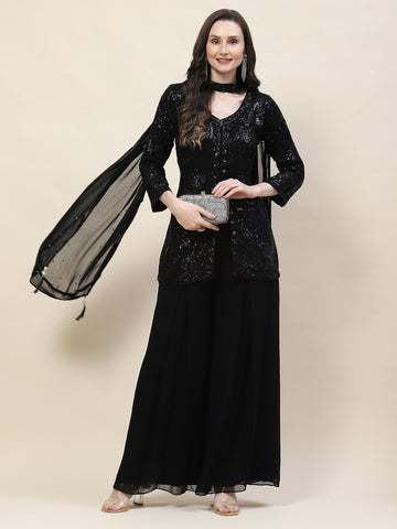 Sequin Embroidery Georgette Kurti With Palazzo & Dupatta