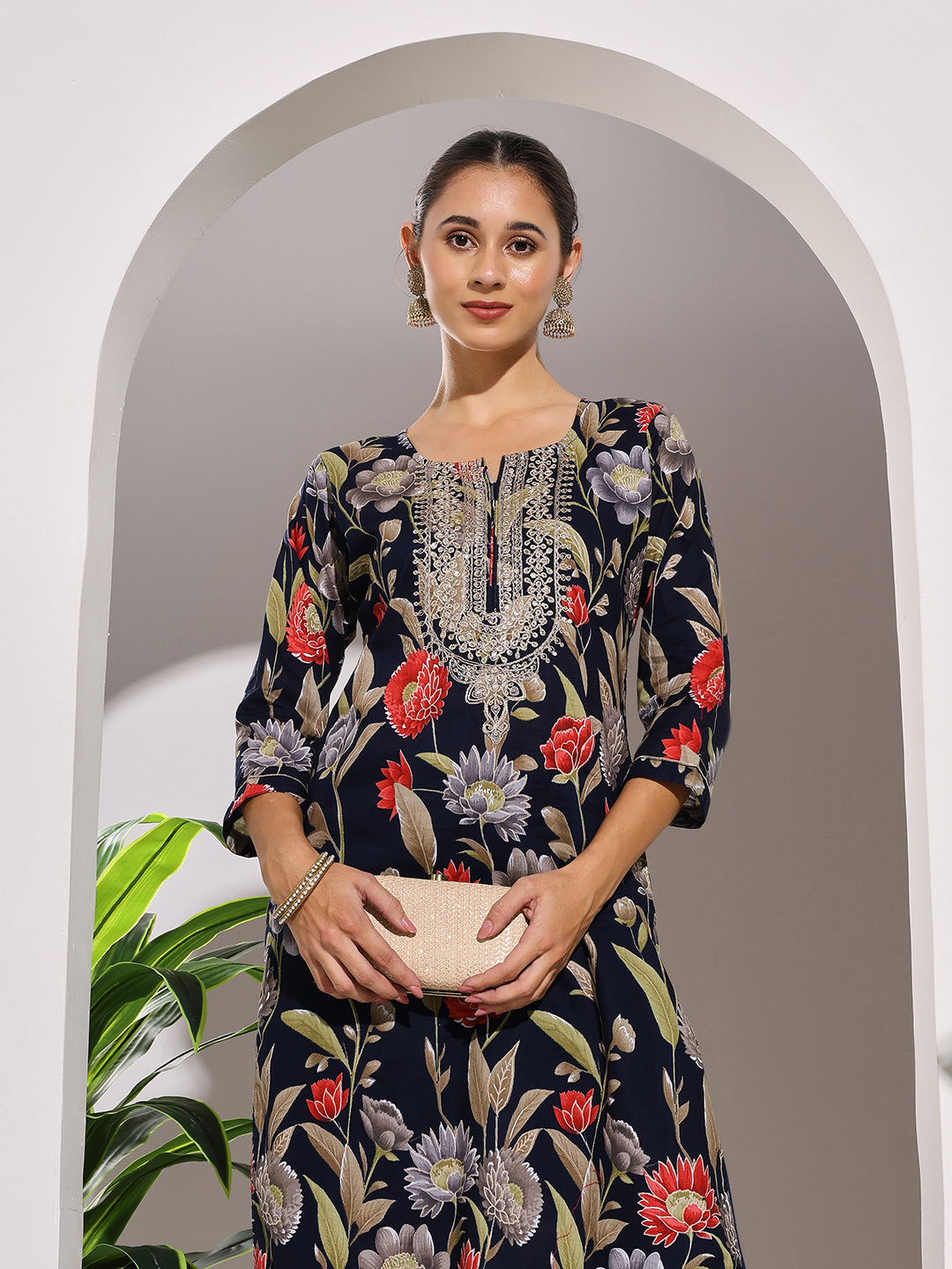 Neck Embroidered Cotton Blend Kurta With Pants