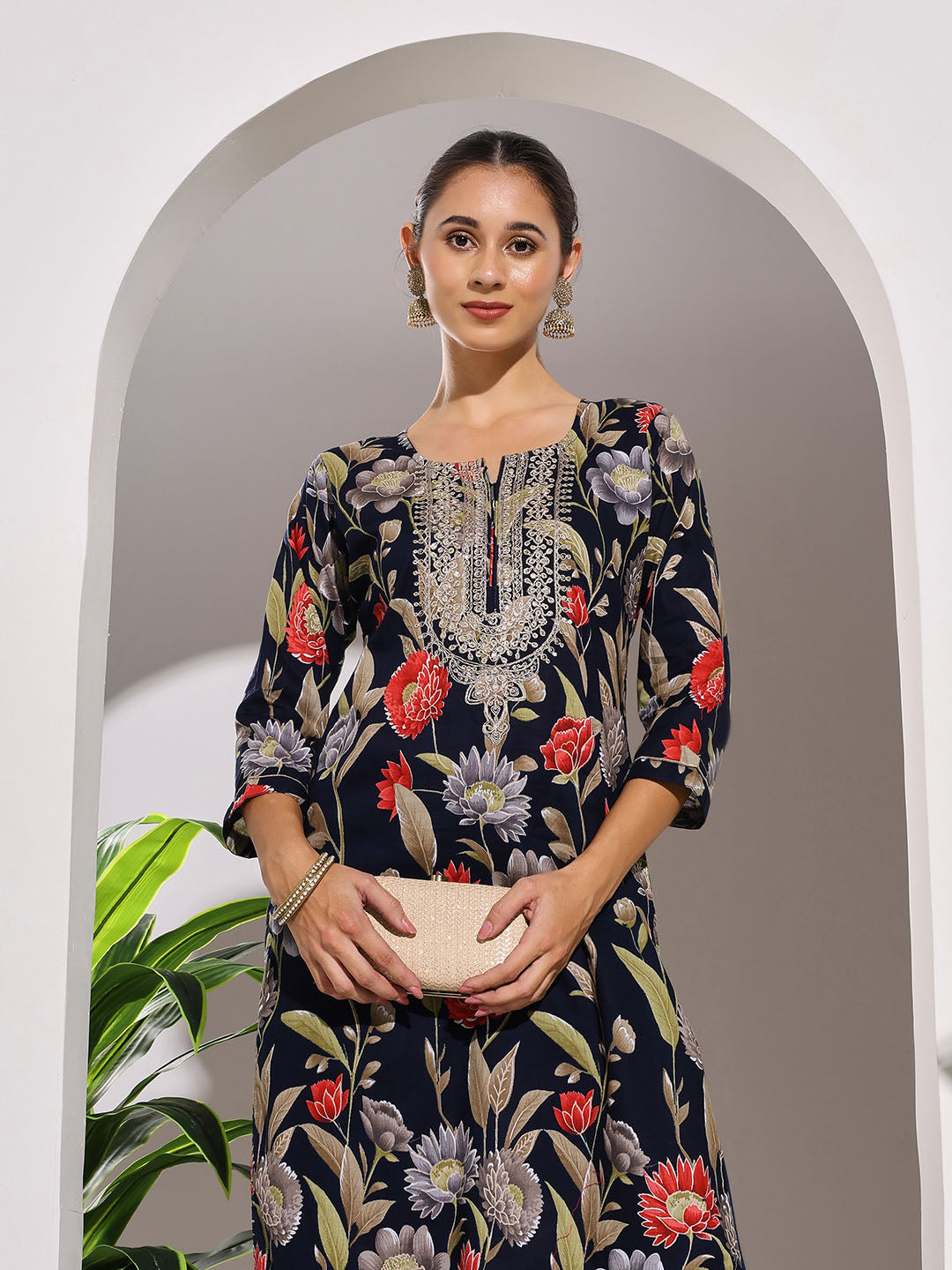 Neck Embroidered Cotton Blend Kurta With Pants
