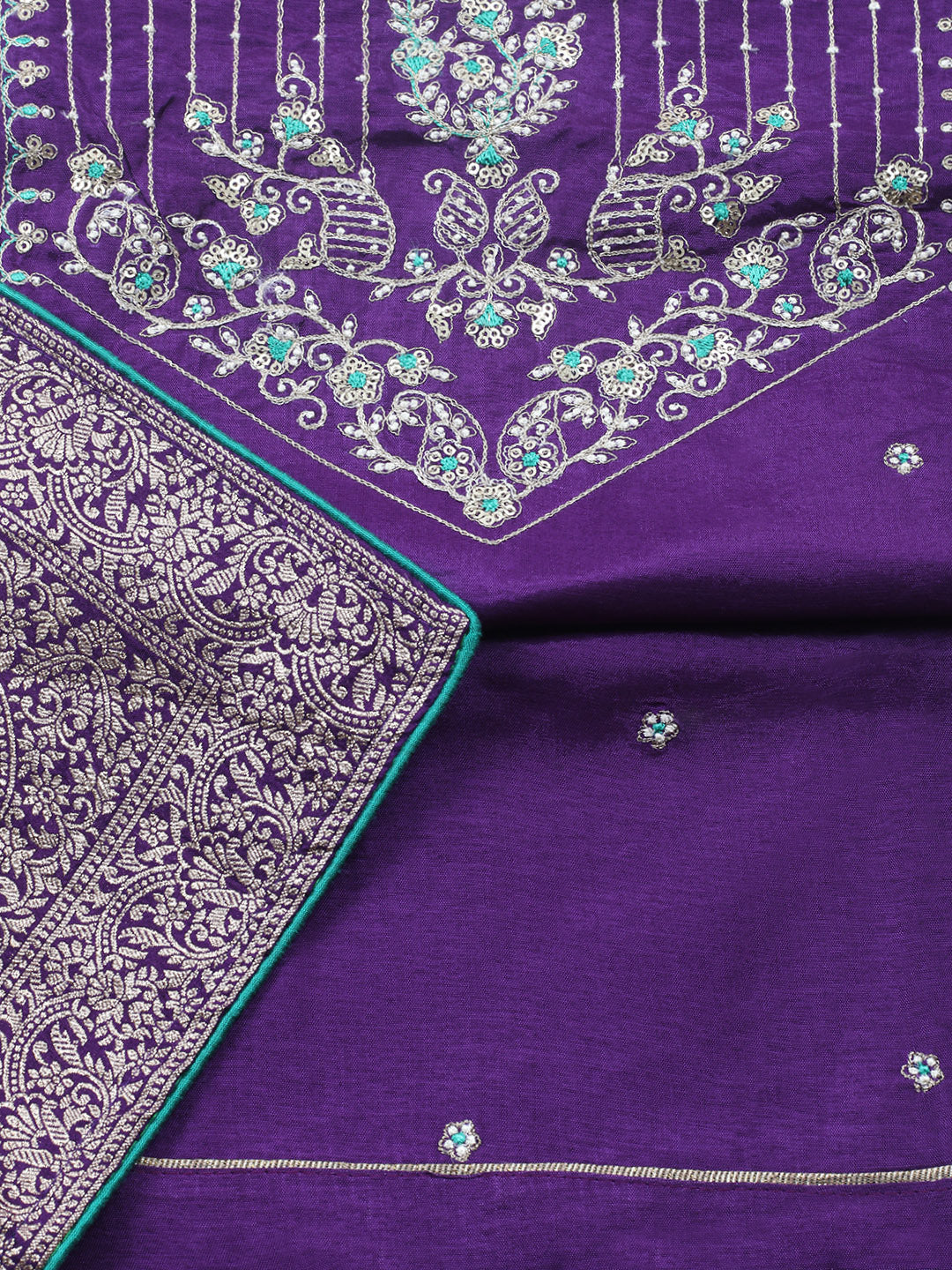 Embroidered Chanderi Unstitched Suit With Pant &amp; Dupatta