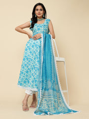 Floral Printed Cotton Kurta With Pants & Dupatta