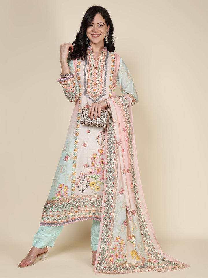 Printed Muslin Blend Kurta With Pants &amp; Dupatta