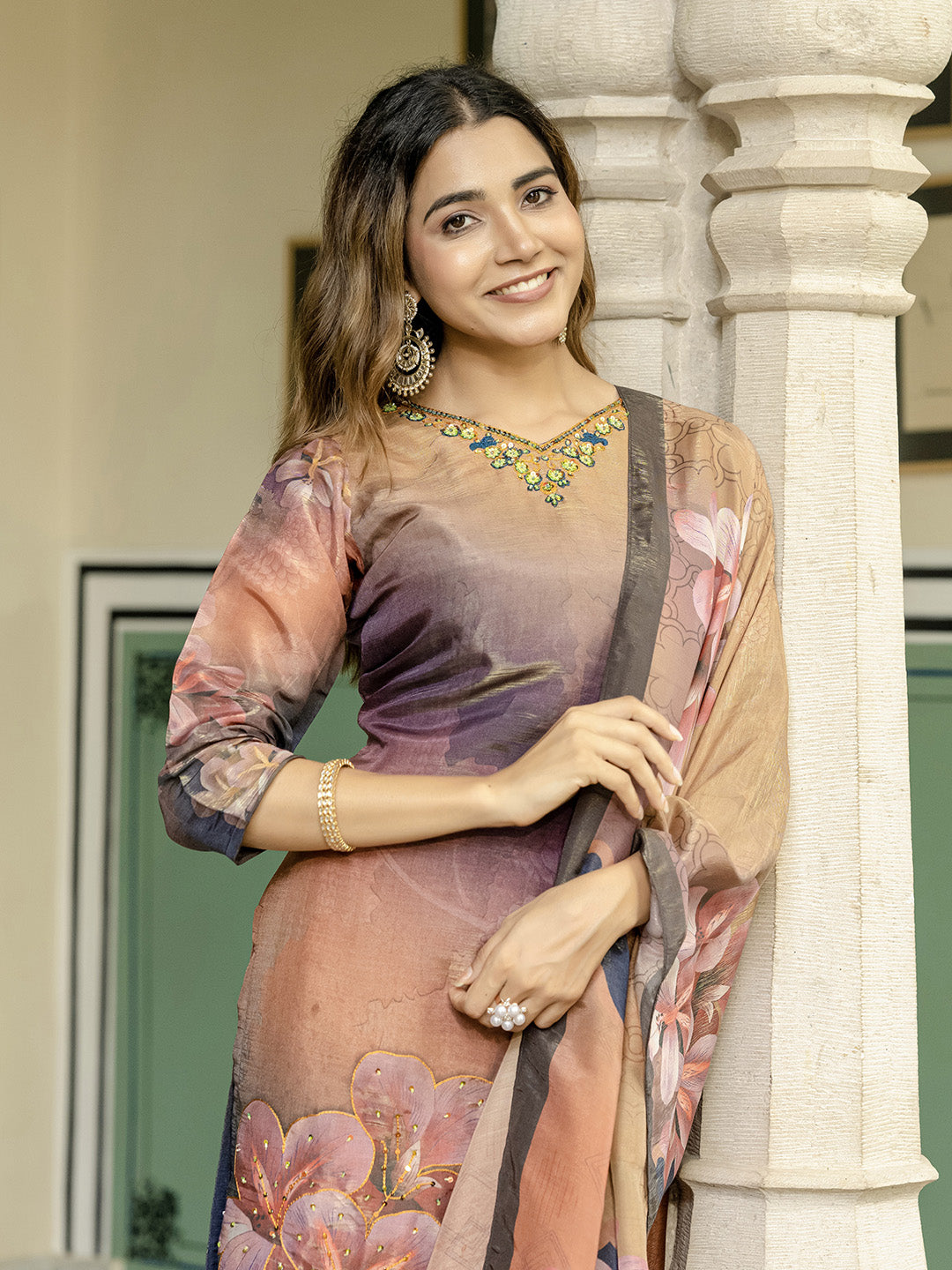 Embroidered Art Silk Kurta With Pant &amp; Dupatta