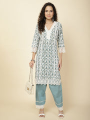 Printed & Panel Embroidery Cotton Kurta With Pants