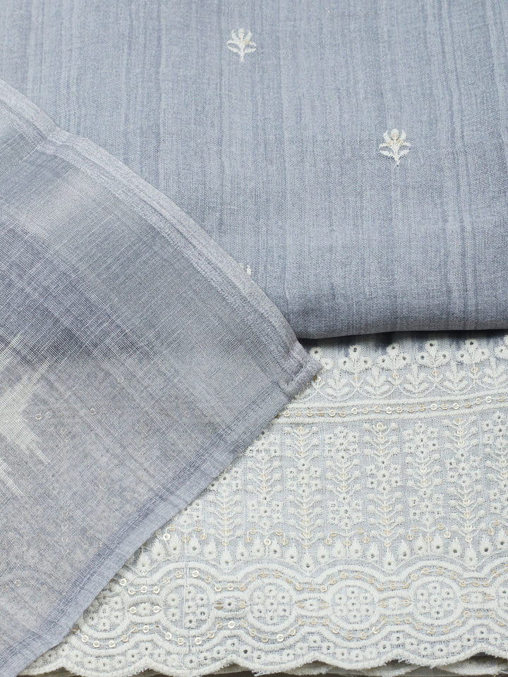 Embroidered Linen Blend Unstitched Suit With Pant &amp; Dupatta