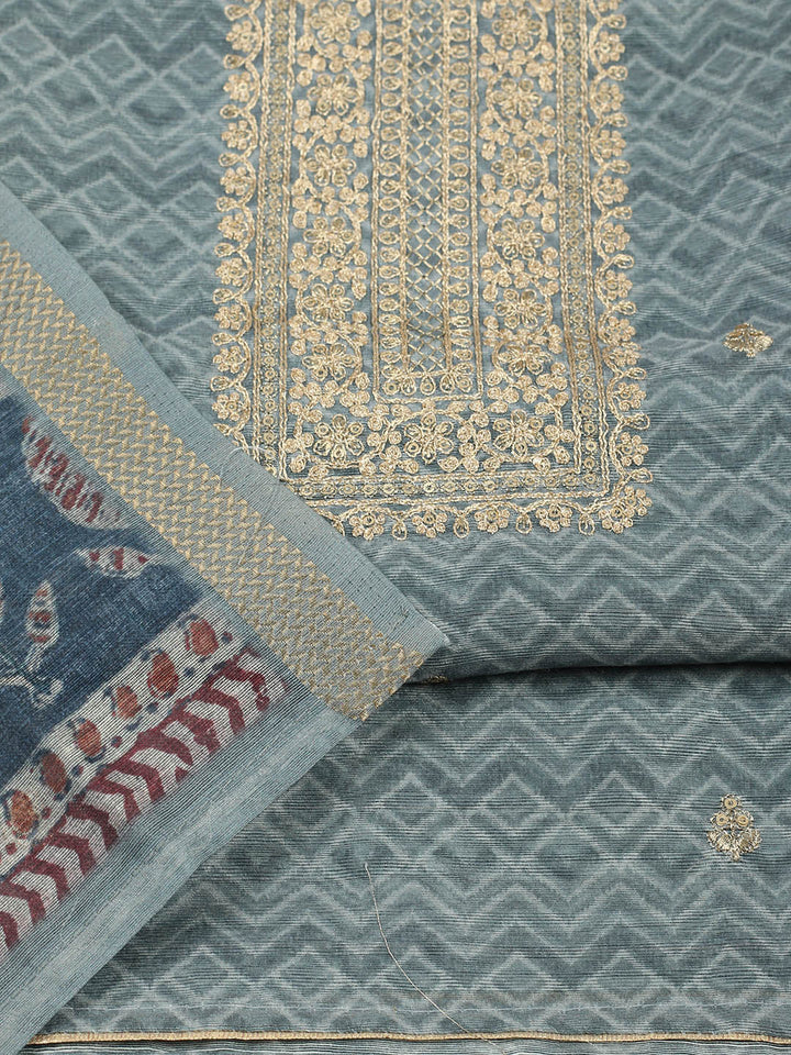 Embroidered Chanderi Unstitched Suit With Pant &amp; Dupatta