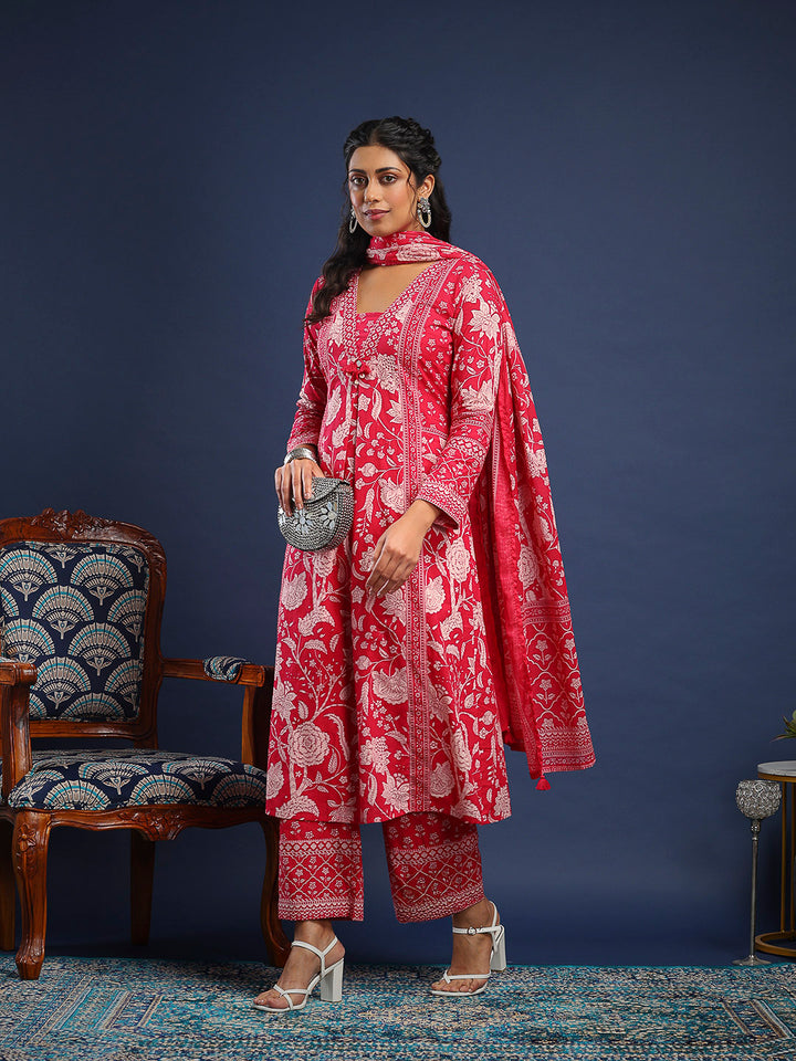 Hot Pink Cotton Blend Printed A Line Suit Set