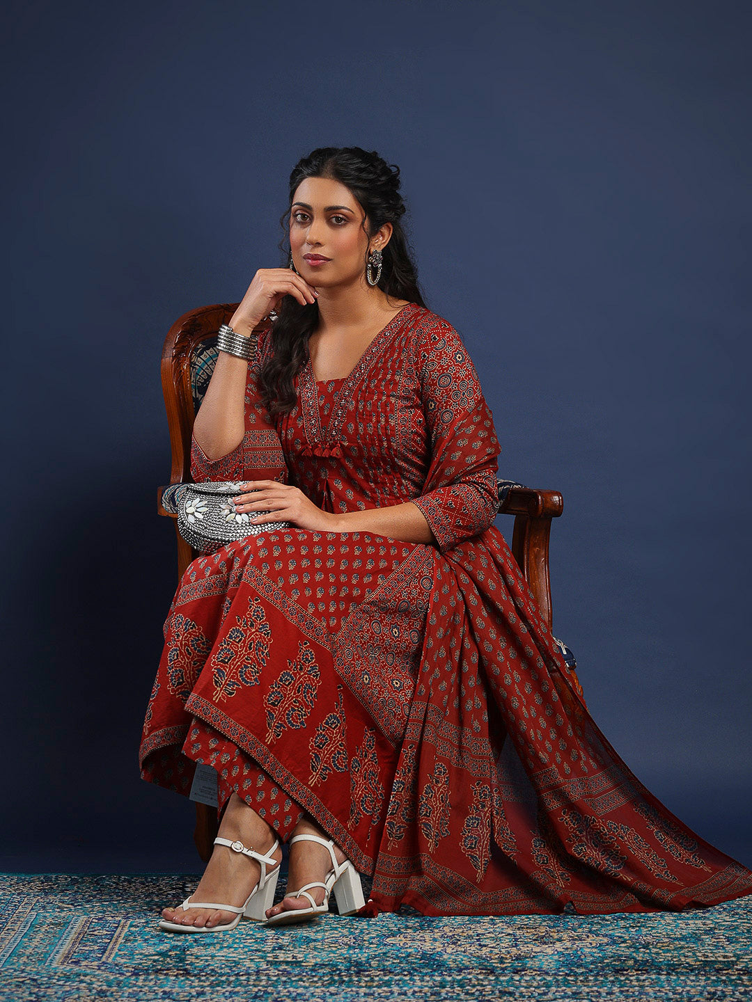 Maroon Cotton Blend Printed Straight Suit Set