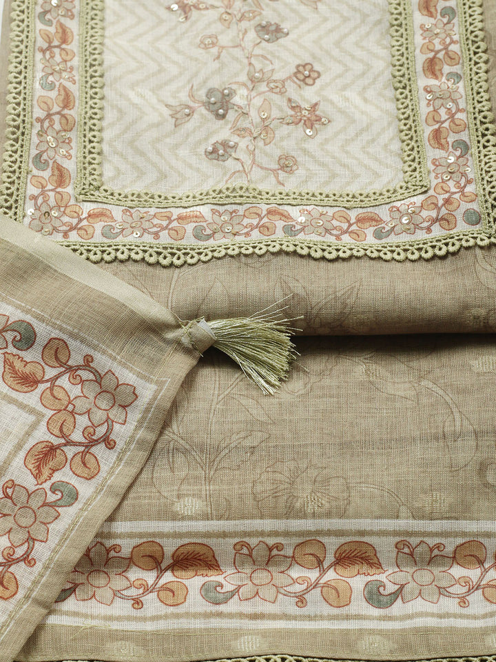 Printed Cotton Blend Unstitched Suit With Pant &amp; Dupatta