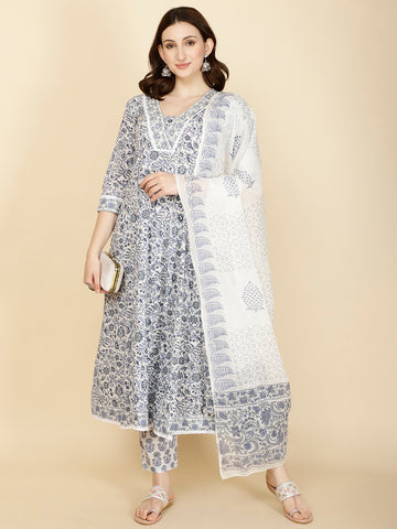 Floral Printed Cotton Kurta With Pants & Dupatta