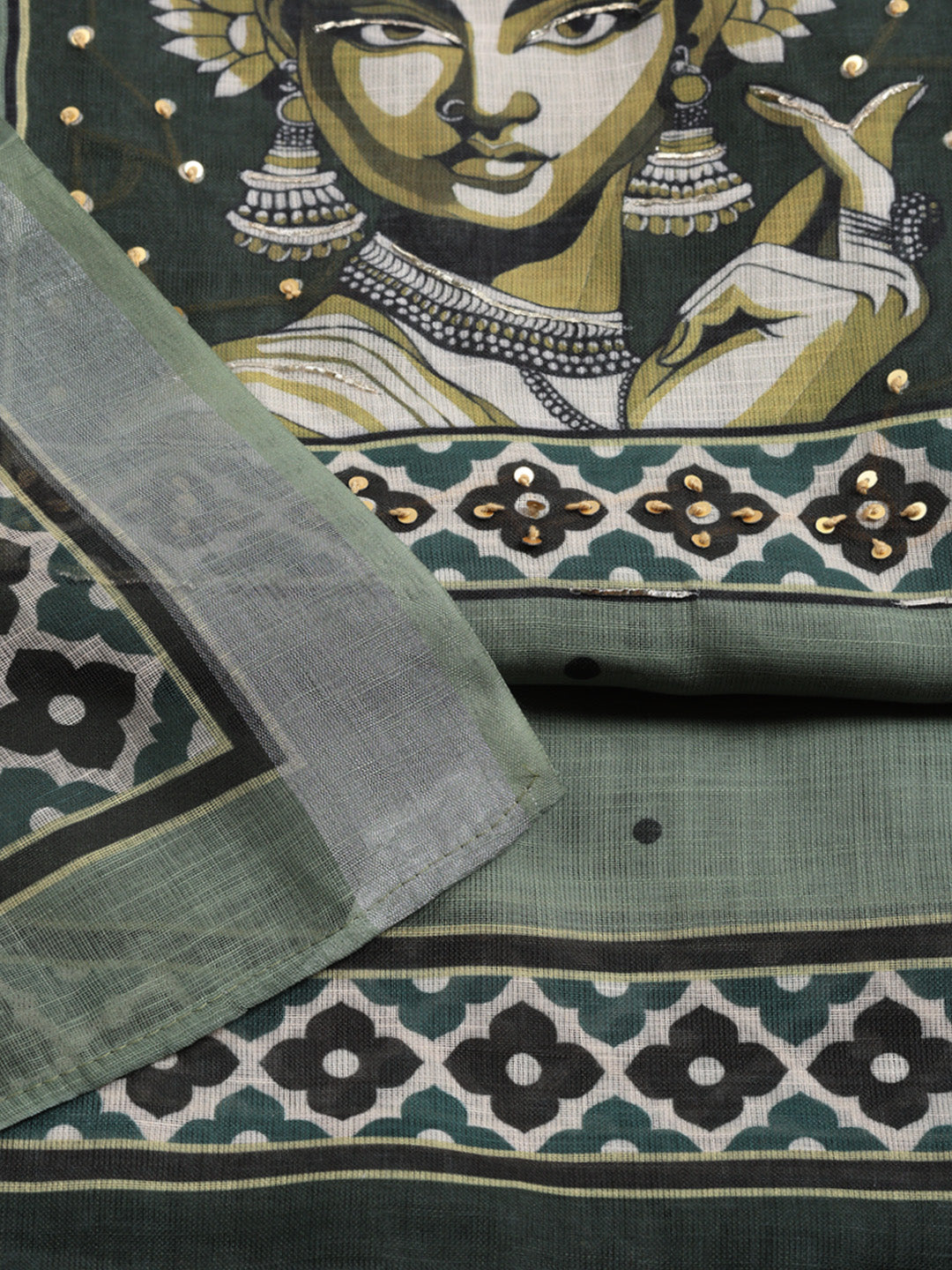 Printed Linen Blend Unstitched Suit With Pant &amp; Dupatta
