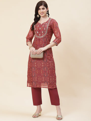 Printed Chanderi Kurta With Pants